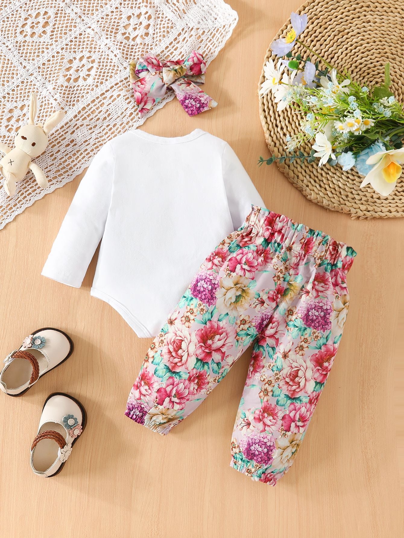Baby Girls Spring Autumn Easter Rabbit Fragmented Flower 3 Pcs Sets