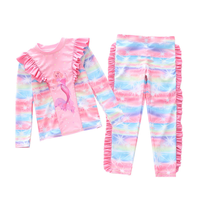 Kid Girl Long Sleeve Beach Ruffled Swimsuits Tops and Bottoms