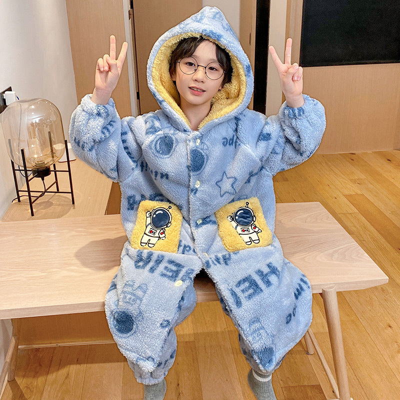 Kid Boy Pajamas Thickened Warm Flannel Coral Fleece Winter Pajamas