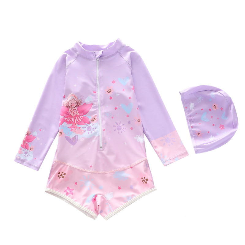 Kid Girl One-piece Cartoon Sun-proof Long-sleeved Swimsuit