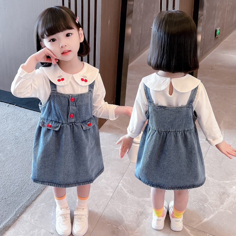 Kid Baby Girls Cherry Cowboy Suspenders Casual 2 Pcs Sets