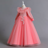 3-12T Kid Girl Long Sleeve Mesh Lace Walk Show Hosting Dress