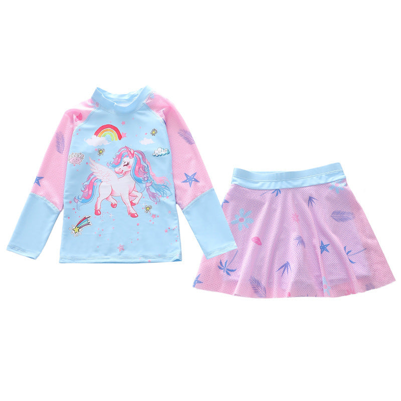 Kid Girl Split Sun Proof Long Sleeved Sports Net Swimsuits