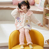 Kid Girls Flannel Thickened Coral Velvet Autumn Winter Pajamas Suits