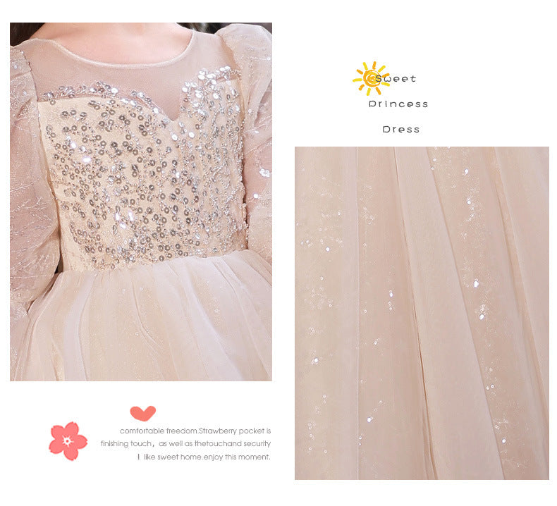 Kid Girl Long Sleeve Flower Wedding Birthday Piano Performance Dresses