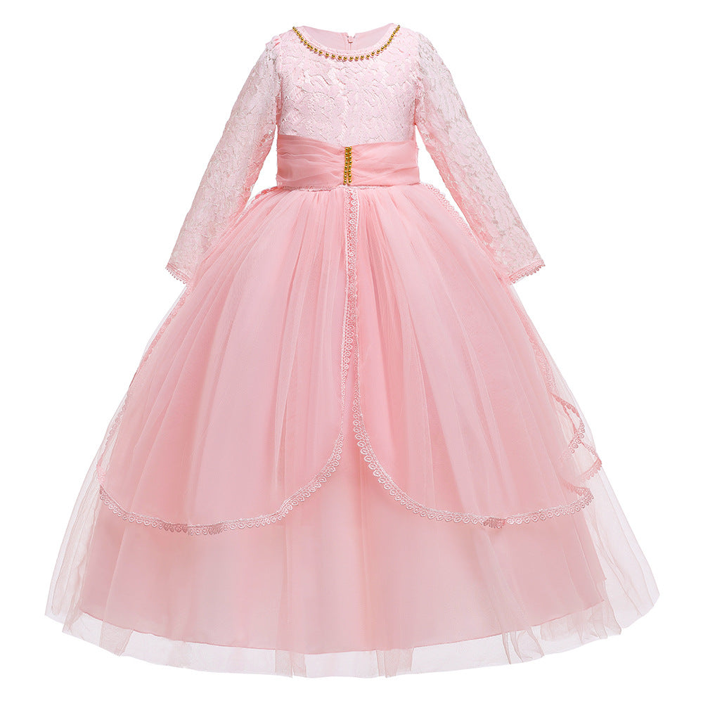 Kid Girl Evening Princess Flower Host Piano Performance Long Sleeve Dresses
