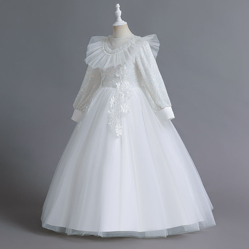 3-12T Kid Girl Long Sleeve Mesh Lace Walk Show Hosting Dress