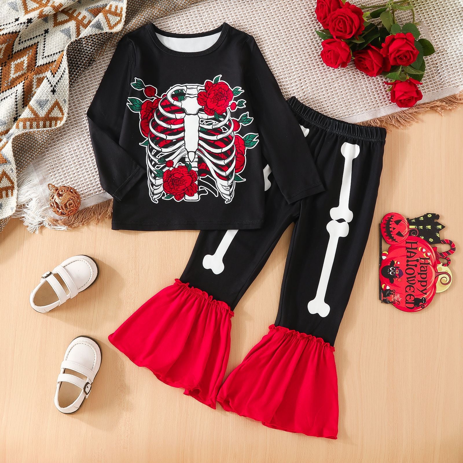 Halloween Kid Baby Girl Skull Print Long-sleeved Suit 2 Pcs Sets