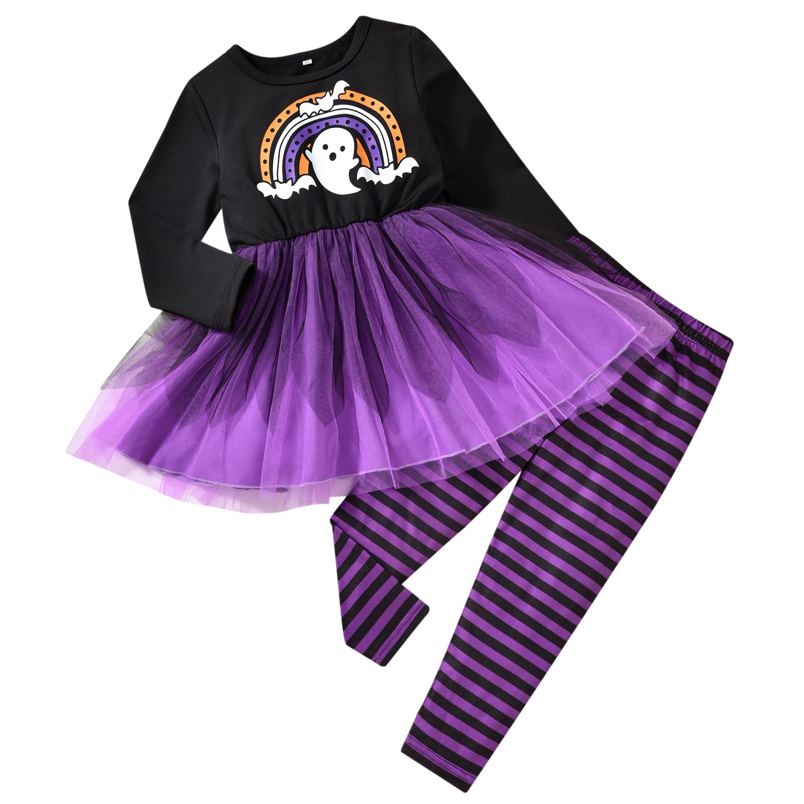 Halloween Kids Baby Girl Ghost Print Mesh Striped 2 Pcs Sets