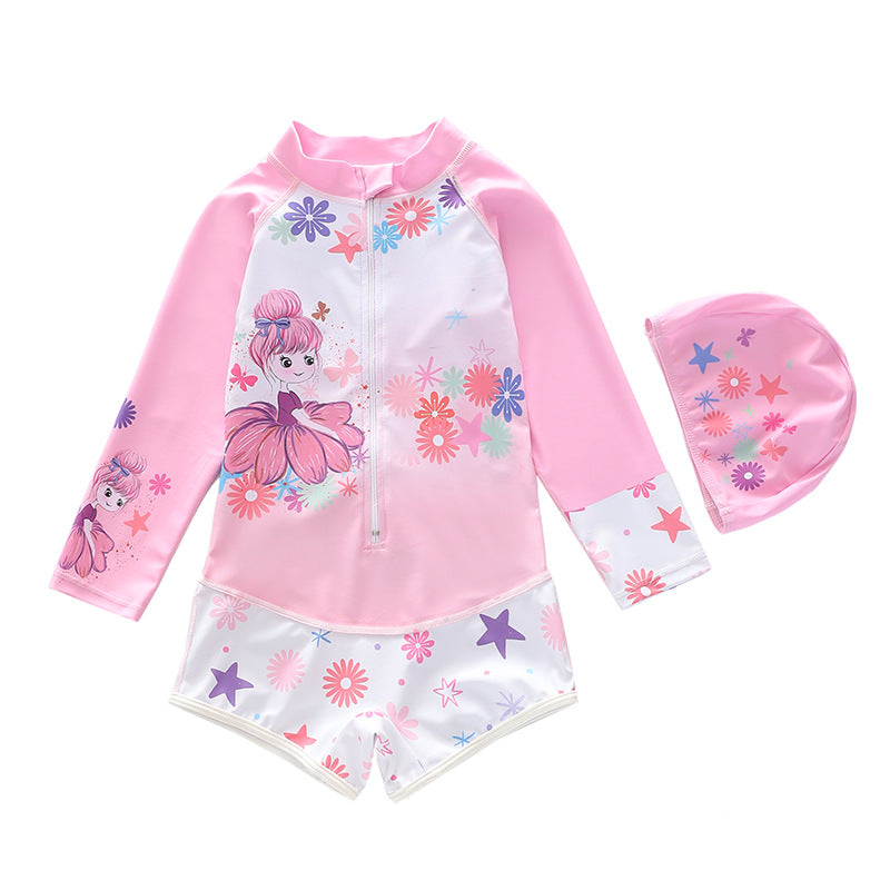Kid Girl One-piece Cartoon Sun-proof Long-sleeved Swimsuit