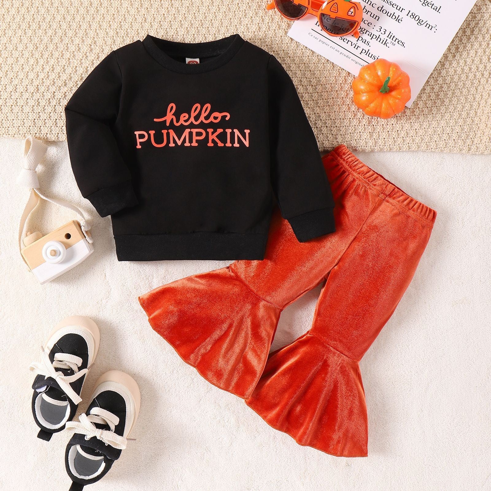 Halloween Pumpkin Letter Long Sleeve Velvet 2 Pcs Set