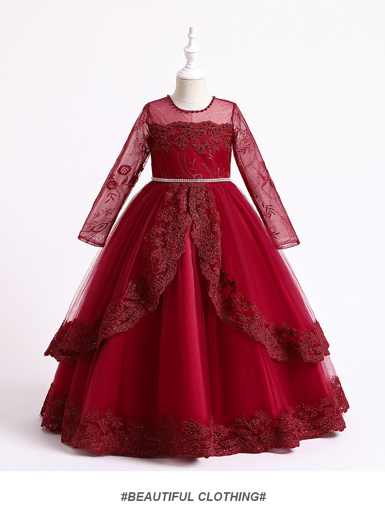 4-14T Kid Girls Lace Princess Handmade Beaded Long-sleeved Tutu Wedding Dresses