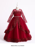 4-14T Kid Girls Lace Princess Handmade Beaded Long-sleeved Tutu Wedding Dresses