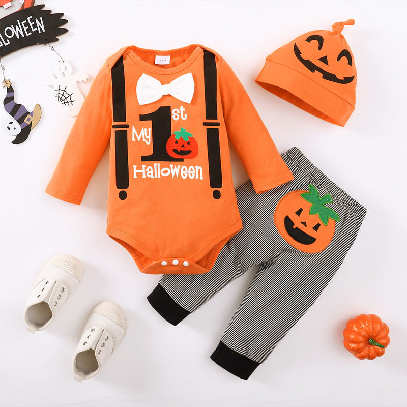 Halloween Baby Boys Preschool Printed Long Sleeve Pumpkin 3 Pcs Set