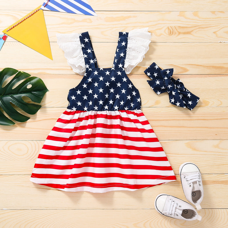 Baby Girls 4th-of-July Independence Day Bowknot Denim Striped Dress