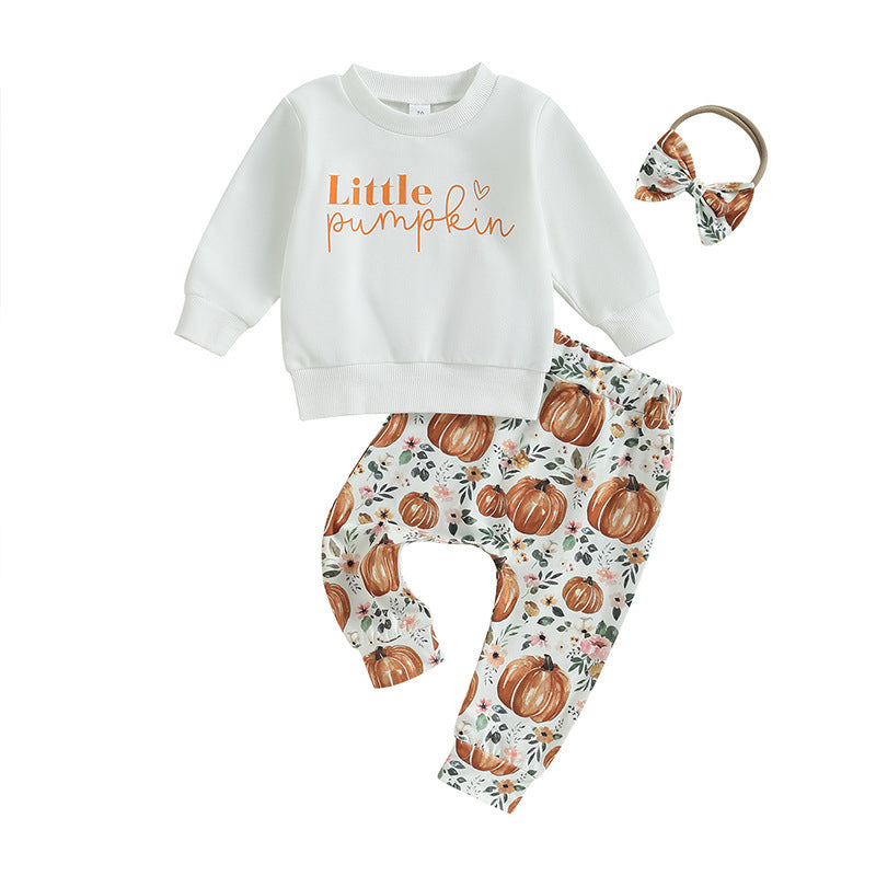 Halloween Infant Toddler Girl Letter Long Sleeve Pumpkin Print 2 Pcs Sets