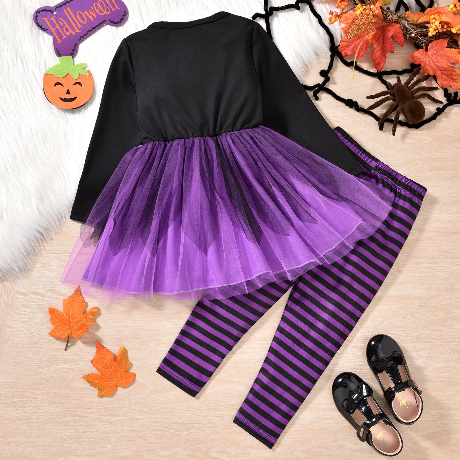 Halloween Kids Baby Girl Ghost Print Mesh Striped 2 Pcs Sets