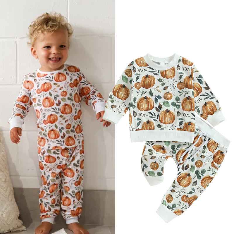 Kid  Baby Boy Crewneck Pumpkin Long Sleeve 2 Pcs Sets