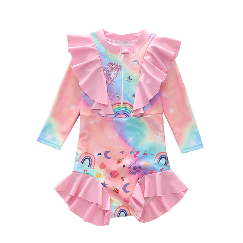 Kid Girl One-piece Swimsuit Long-sleeved Ruffle Swimwear