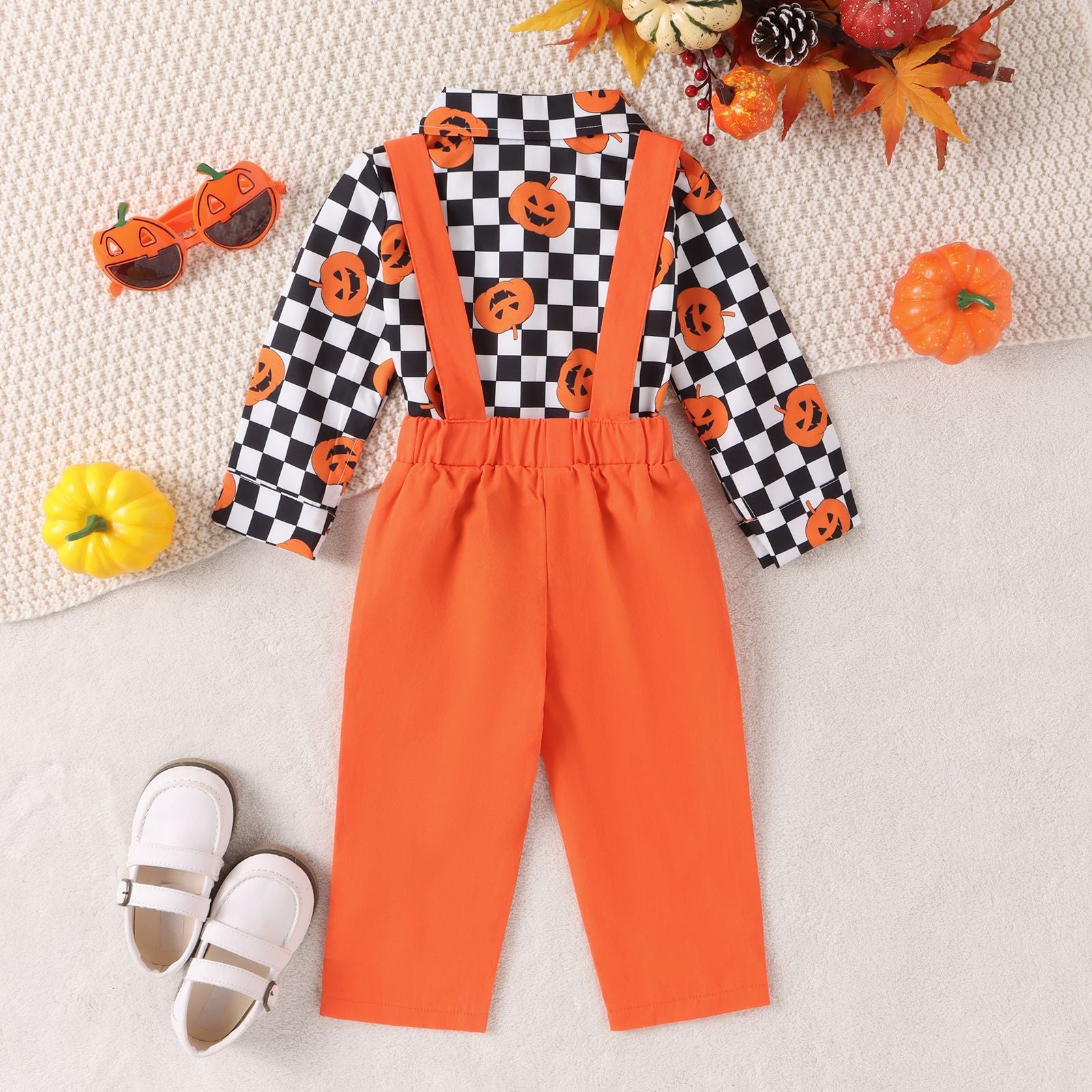 Halloween Kid Baby Boys Long Sleeve Pumpkin Plaid Gentleman 2 Pcs Sets