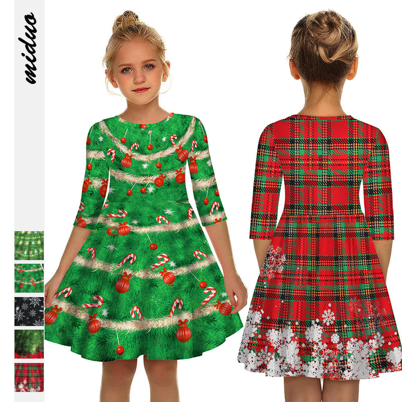 Kid Girl Princess Christmas Digital Print Crew-neck Fashion Dresses