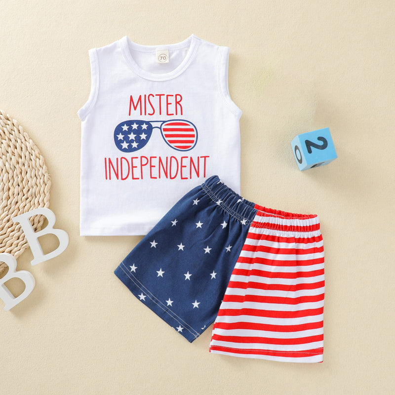 Baby Kids Boys Independence Day Letter Printed Tank Tops Shorts Sets