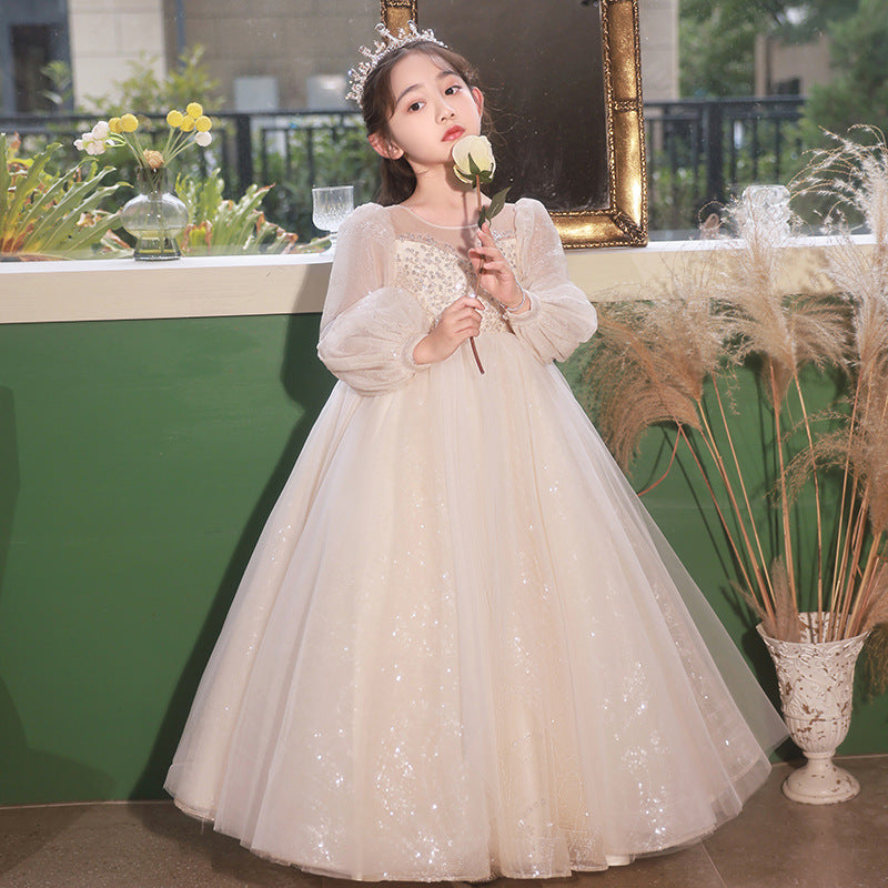 Kid Girl Long Sleeve Flower Wedding Birthday Piano Performance Dresses