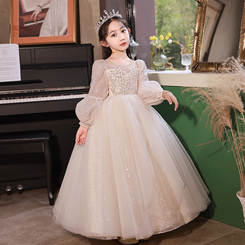 Kid Girl Long Sleeve Flower Wedding Birthday Piano Performance Dresses