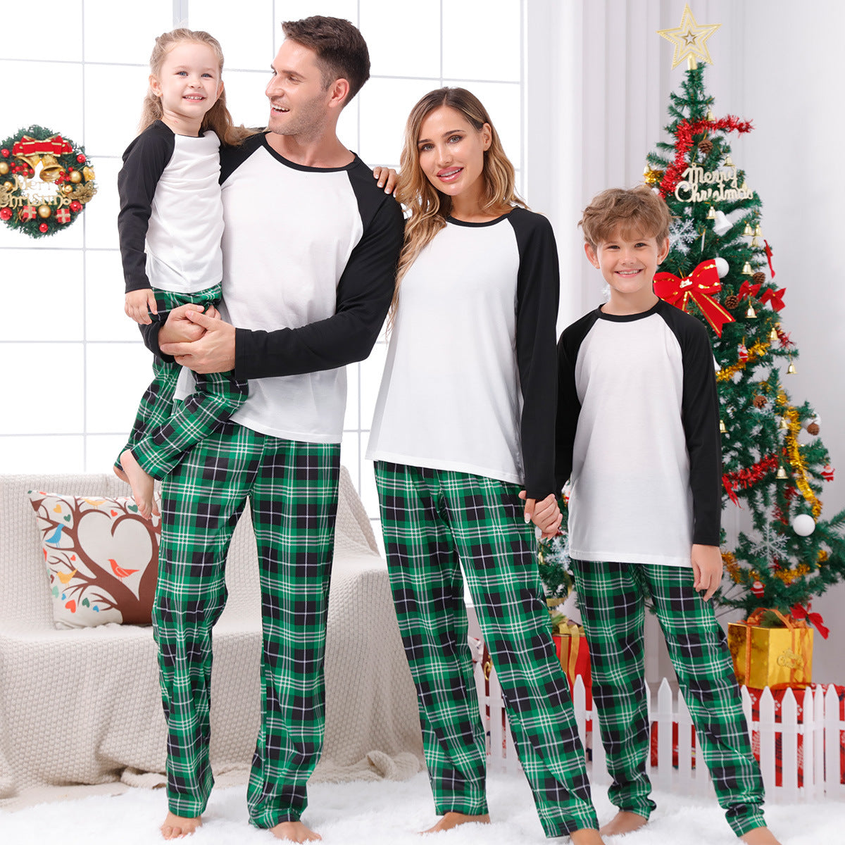 Family Matching Home Suit Christmas Plaid Patchwork Printed Pajamas