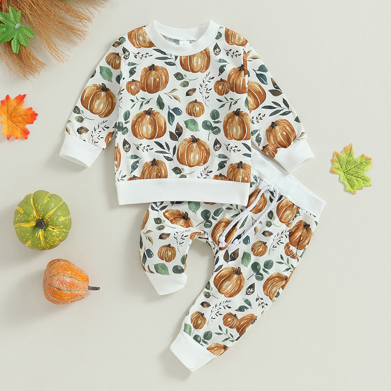 Kid  Baby Boy Crewneck Pumpkin Long Sleeve 2 Pcs Sets