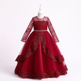 4-14T Kid Girls Lace Princess Handmade Beaded Long-sleeved Tutu Wedding Dresses