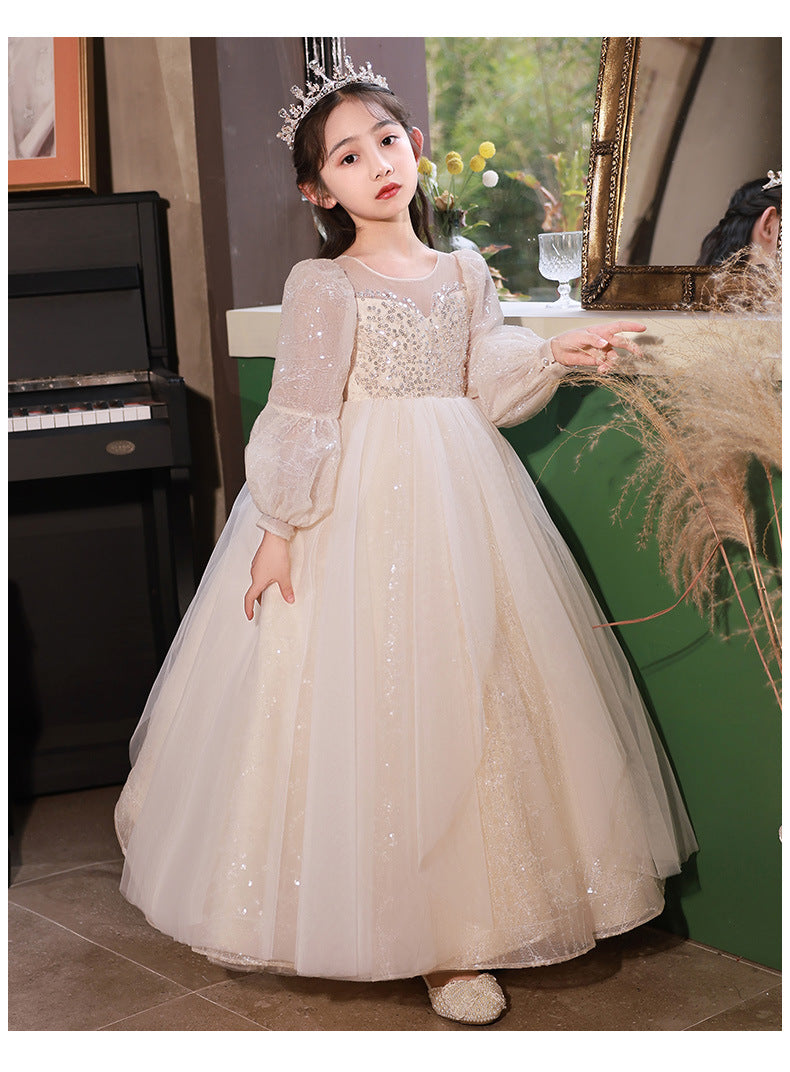 Kid Girl Long Sleeve Flower Wedding Birthday Piano Performance Dresses