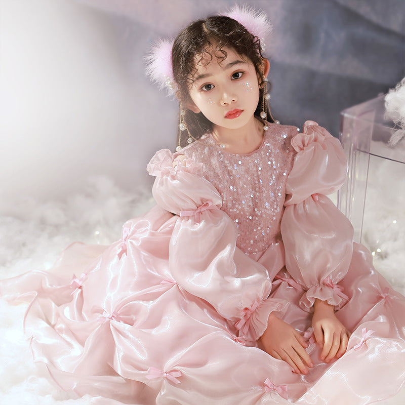 Kid Baby Girl Pink Yarn Princess Flower Wedding Piano Performance Dresses