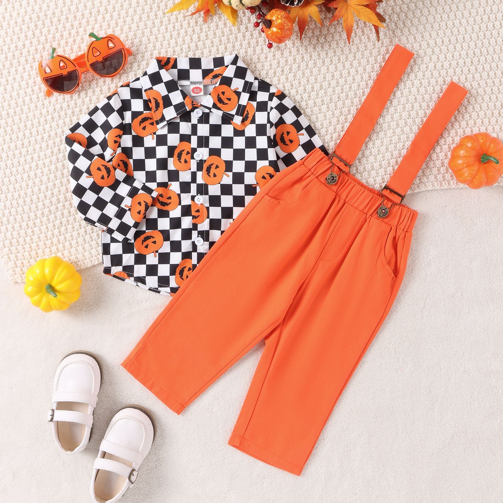 Halloween Kid Baby Boys Long Sleeve Pumpkin Plaid Gentleman 2 Pcs Sets