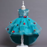 Kid Girl Princess Mesh Flower Tailed Piano Performance Dresses