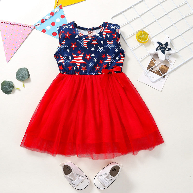 Baby Girl independence Day Bow Stars Striped Printed Tulle Princess Dress