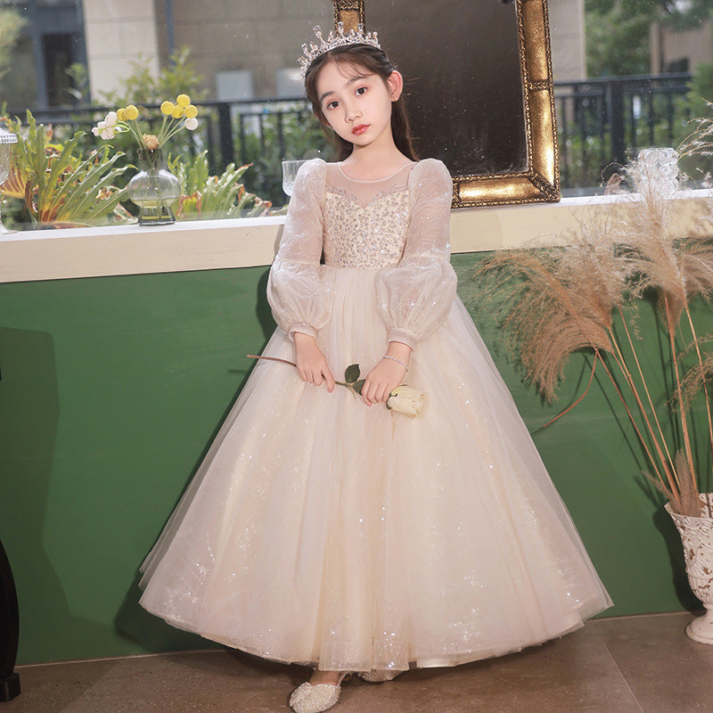Kid Girl Long Sleeve Flower Wedding Birthday Piano Performance Dresses