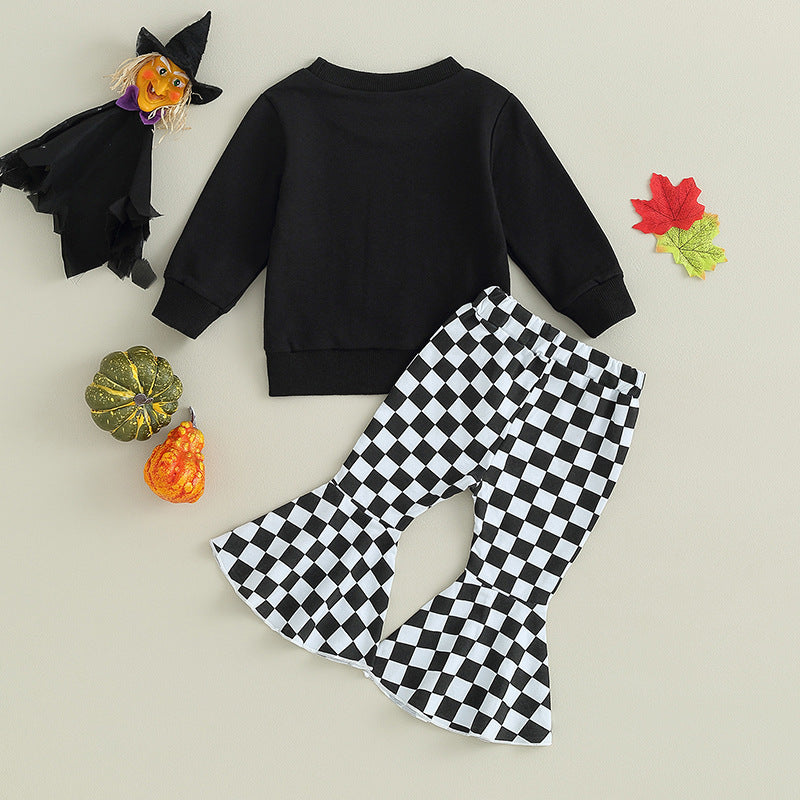 Halloween Kid Baby Girl Witch Letter Long Sleeve Checkered Bell 2 Pcs Sets