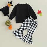Halloween Kid Baby Girl Witch Letter Long Sleeve Checkered Bell 2 Pcs Sets