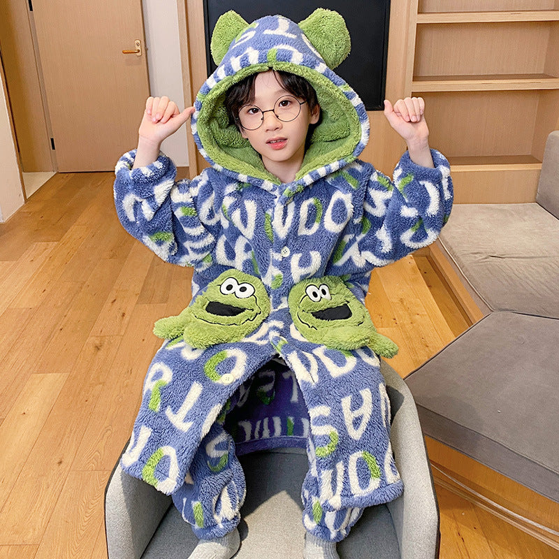 Kid Boy Pajamas Thickened Warm Flannel Coral Fleece Winter Pajamas