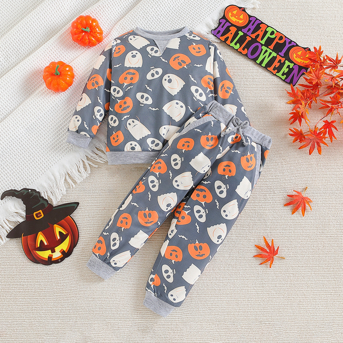 Halloween Kid Baby Boy Pumpkin Print Long Sleeve 2 Pcs Set