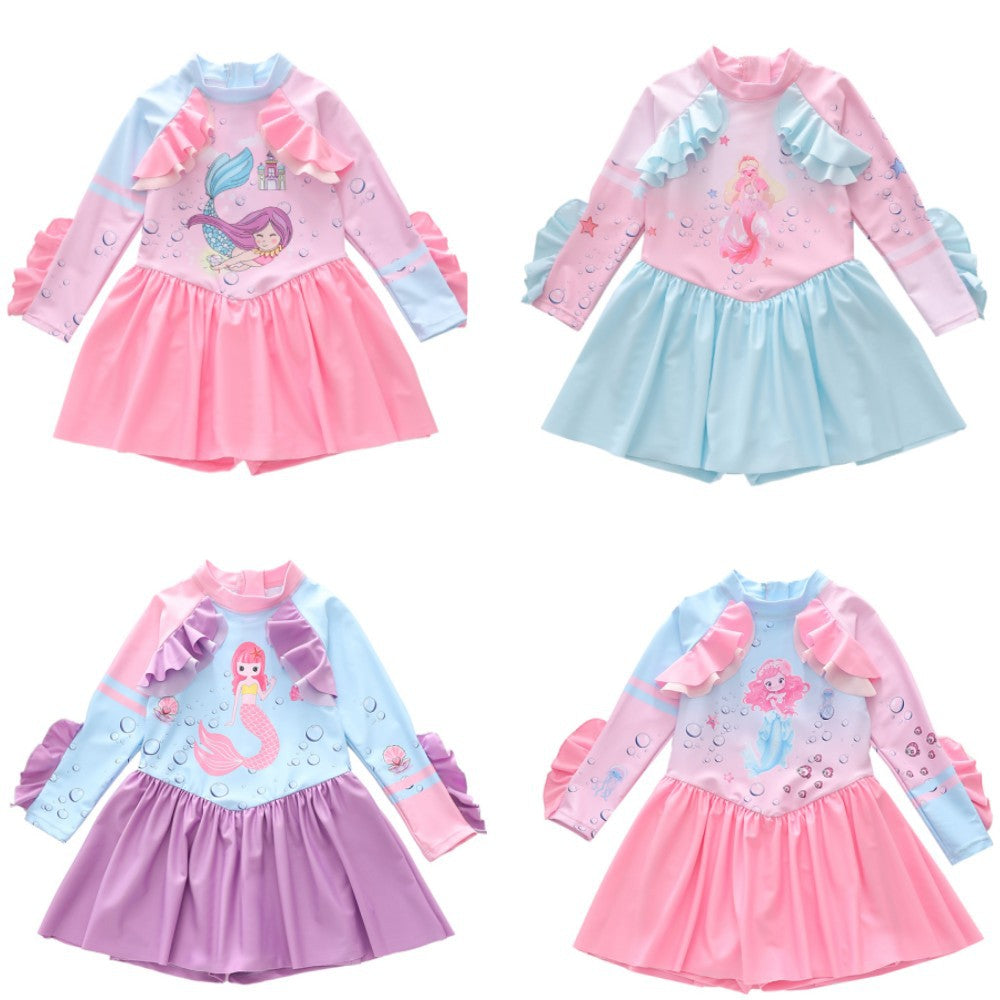 Kid Girl One-piece Swimsuit Long-sleeved Lotus Bathing Swimsuit