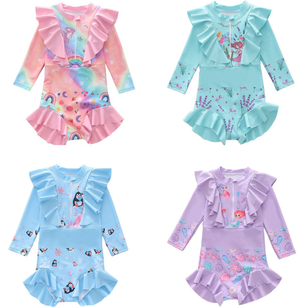 Kid Girl One-piece Swimsuit Long-sleeved Ruffle Swimwear