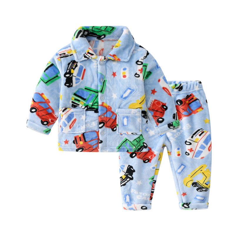 Kid Boy Standing Collar Warm Flannel Pajamas Sets