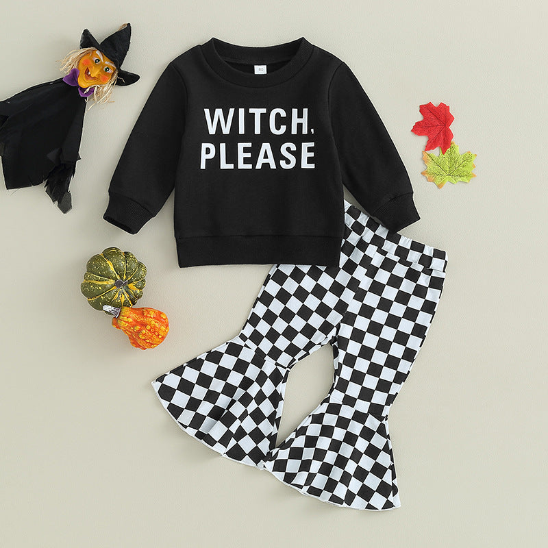 Halloween Kid Baby Girl Witch Letter Long Sleeve Checkered Bell 2 Pcs Sets