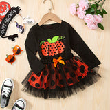 Baby Girls Halloween Pumpkin Print Long Sleeve Mesh Dress