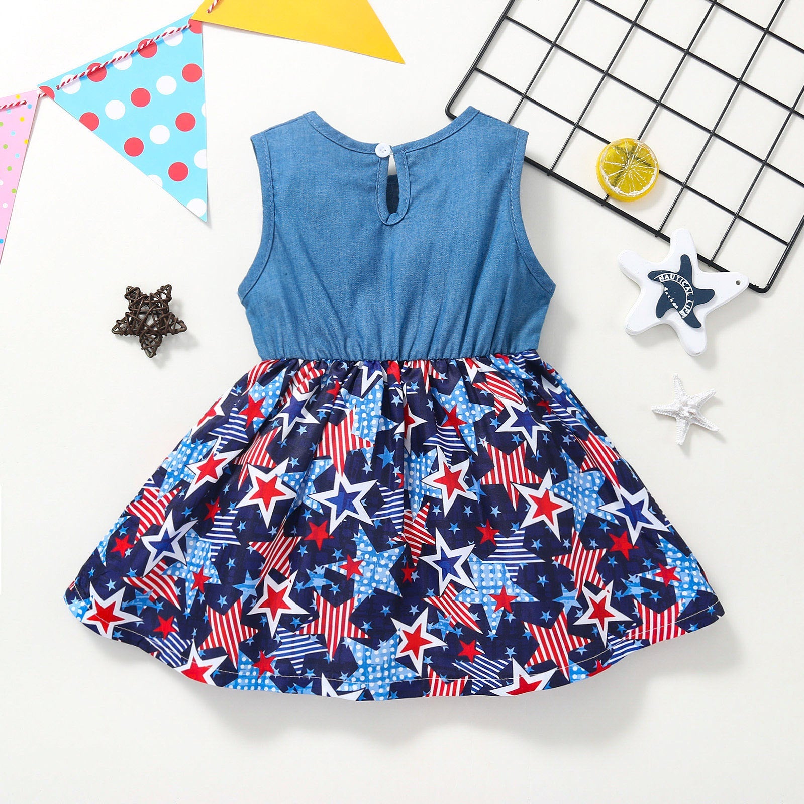 Baby Girl Denim Independence Day Stitching Star Striped Sleeveless Dress