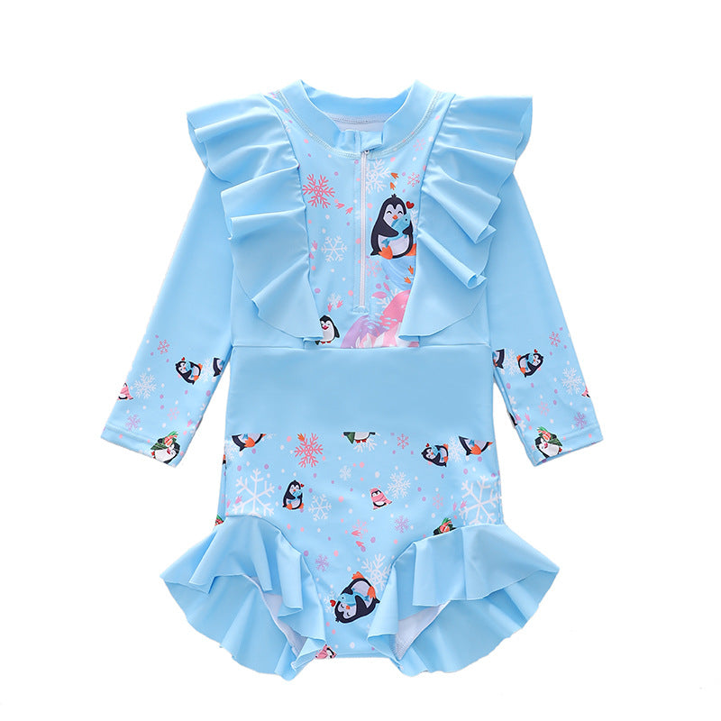 Kid Girl One-piece Swimsuit Long-sleeved Ruffle Swimwear