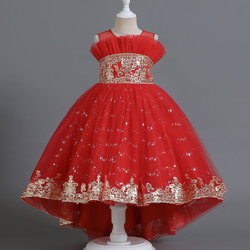 Kid Girl Trailing Sequined Fluffy Flower  Banquet Catwalk Piano Dress