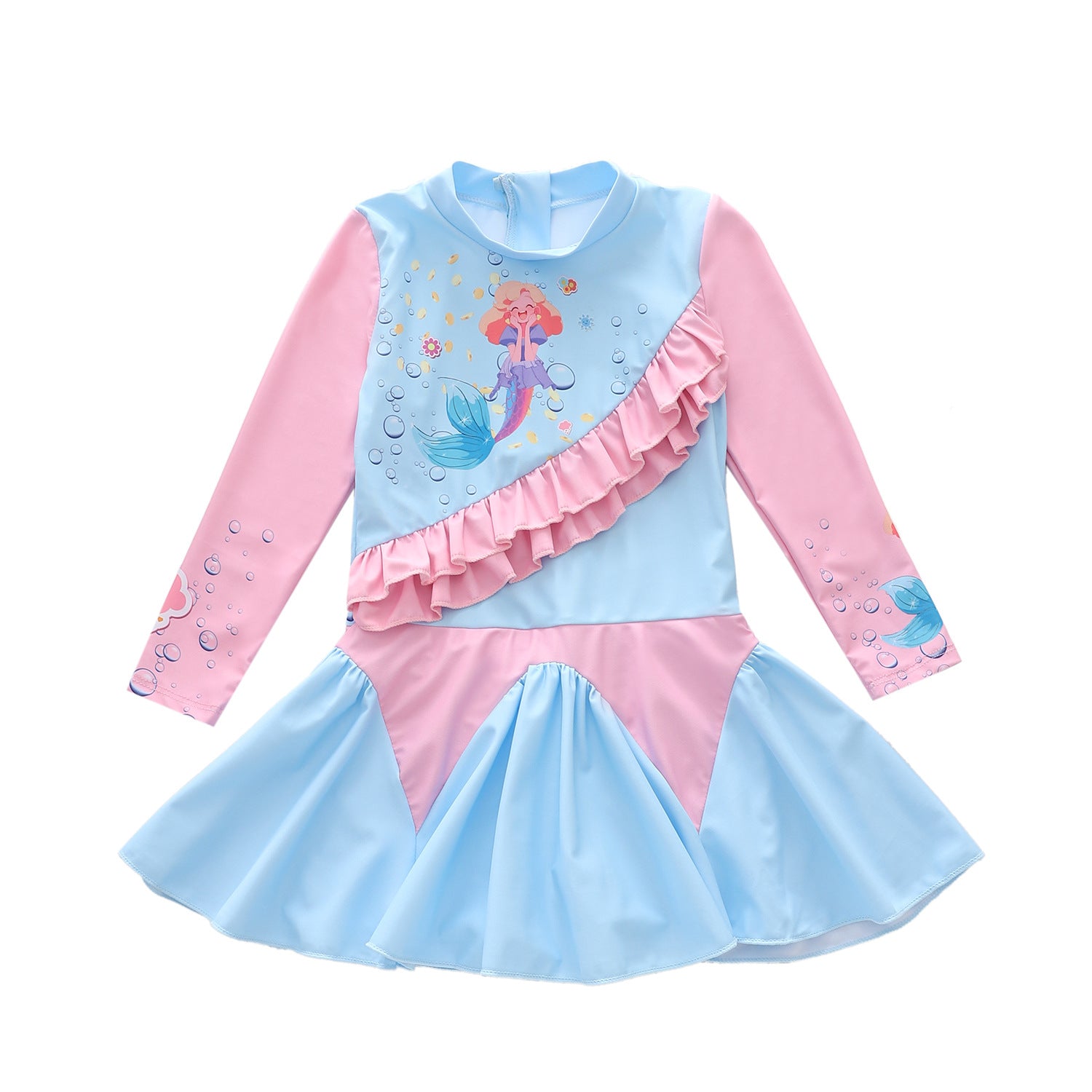 Baby Girl One-piece Long Sleeved Lotus Leaf Sun Protection Swimsuit